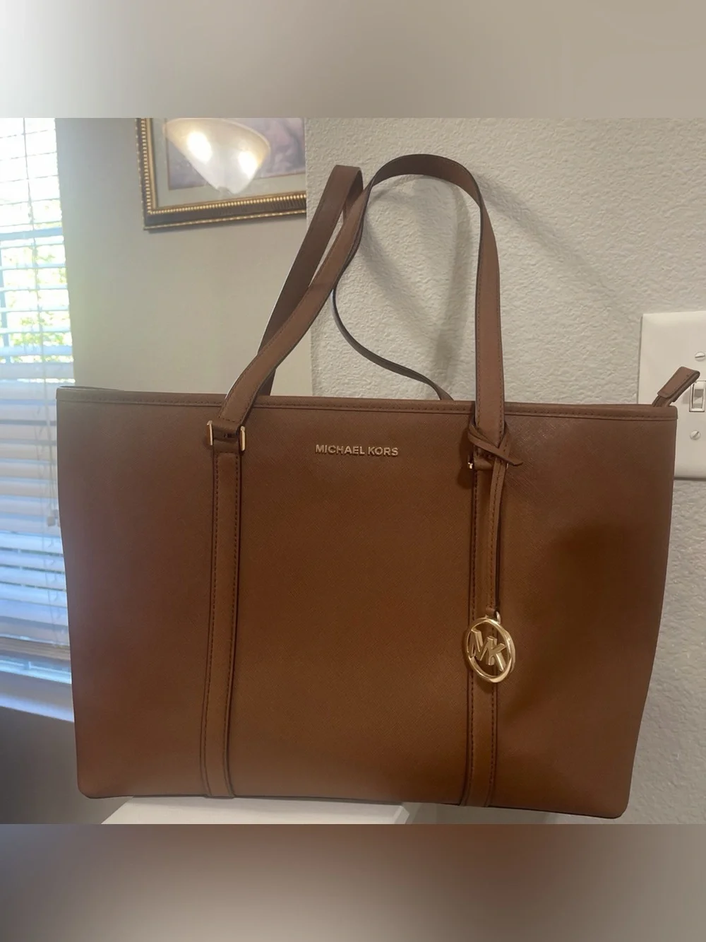 Michael Kors Camel Brown Saffiano Leather Tote with MK Charm